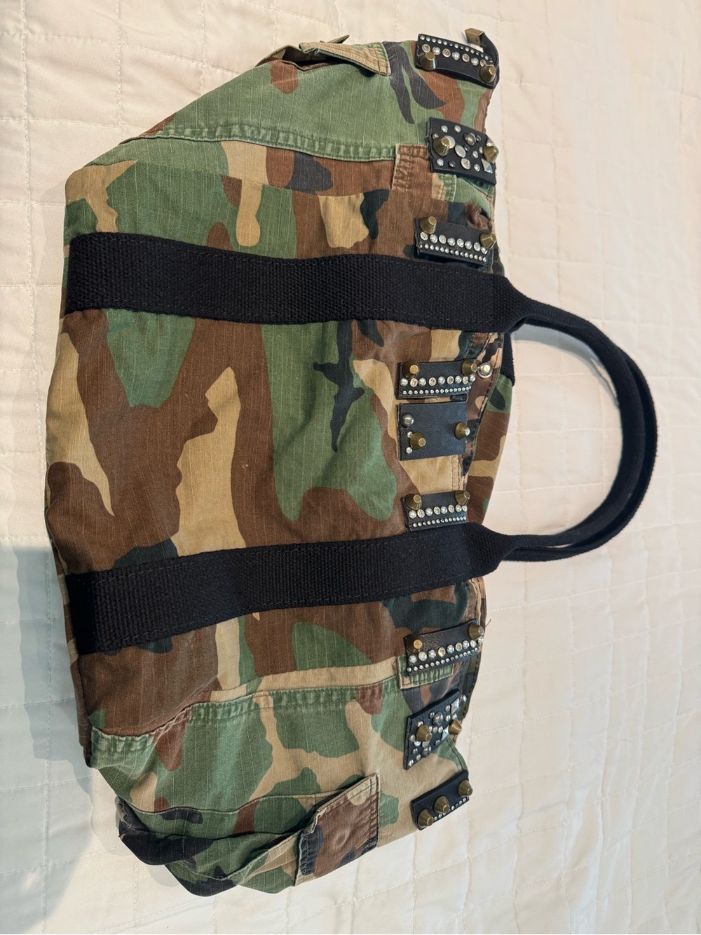 Free People Camouflage Canvas Tote with Studded Trim and Black Handles - Picture 3 of 7
